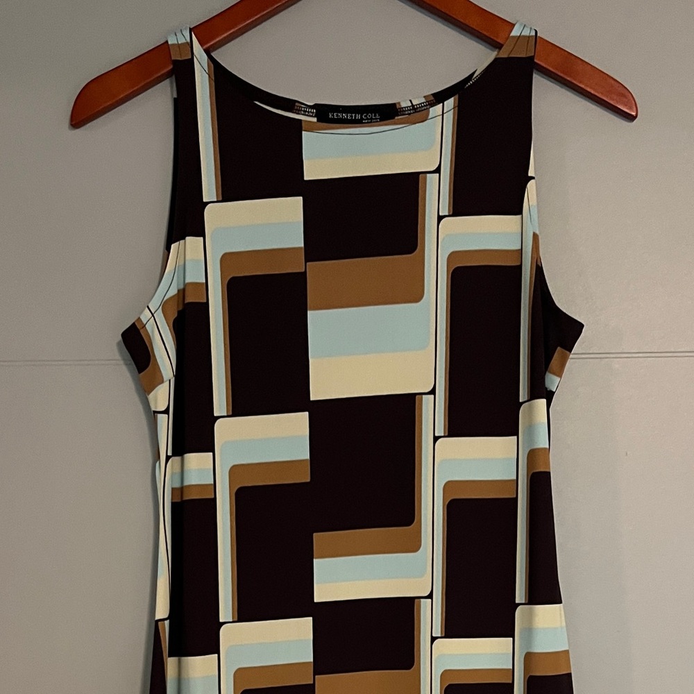 Kenneth Cole Brown, Tan, Blue, and Yellow Sheath Midi Dress